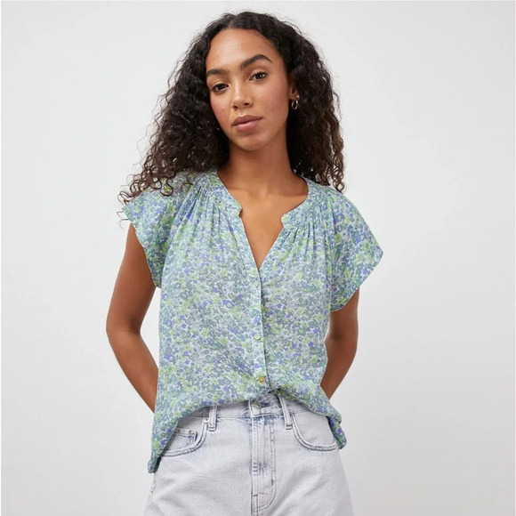 Revolve Rails Linen Floral Alena Blouse Shirt Size S (Blue Green Wildflower Top) - Picture 1 of 14